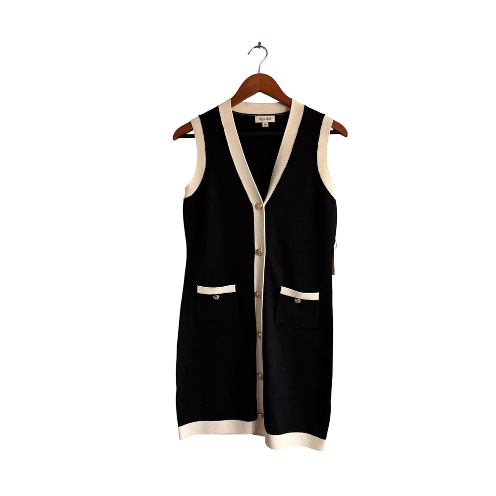 MILA MAE Black Cream V Neck‎ Sleeveless Knit Dress Gold Button Pockets Size XS